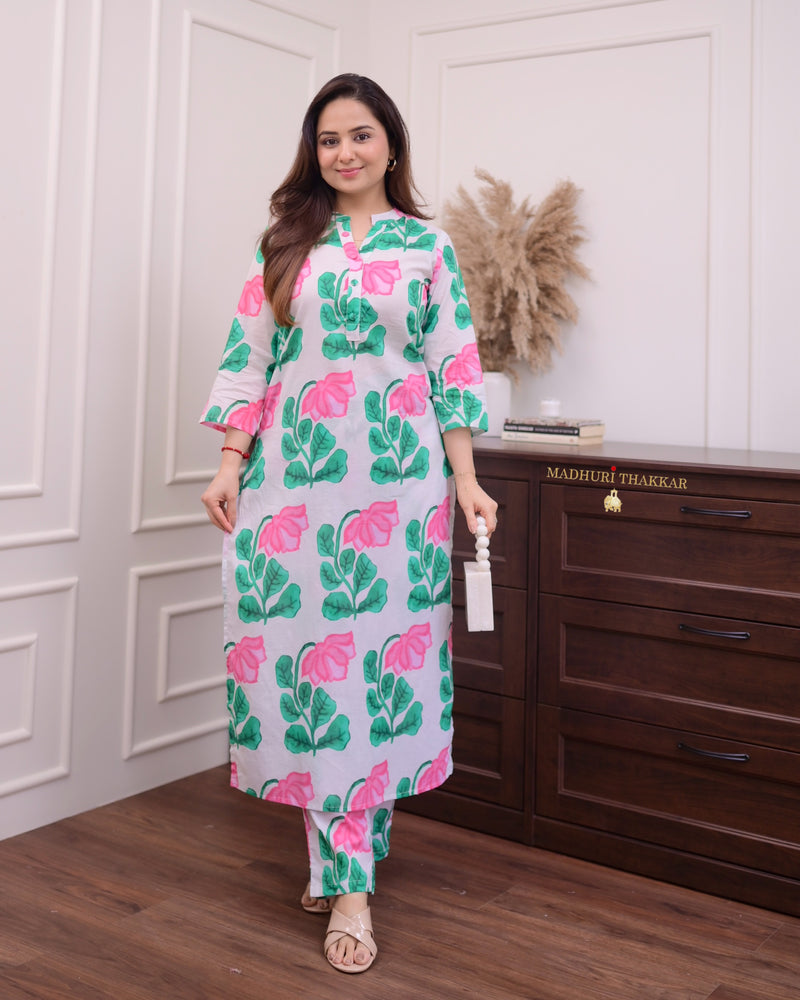 Ivory Green Floral Cotton Kurta Set