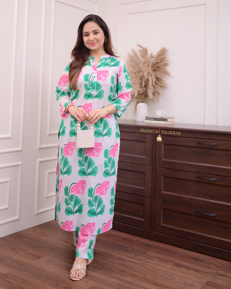 Ivory Green Floral Cotton Kurta Set