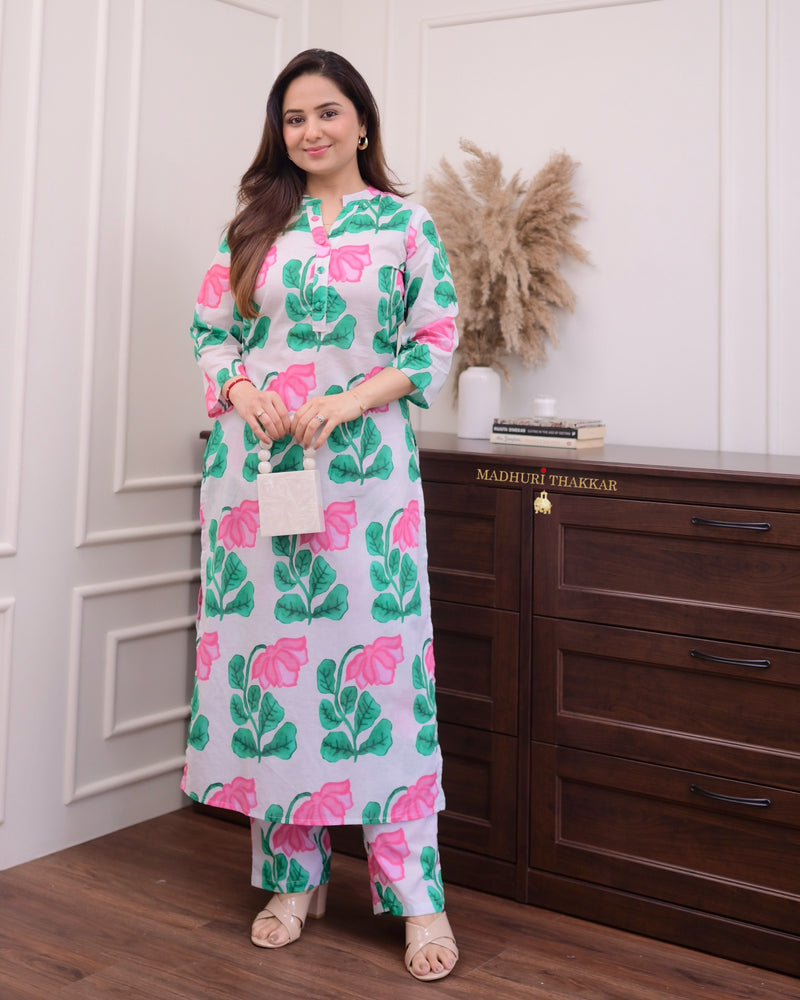 Ivory Green Floral Cotton Kurta Set