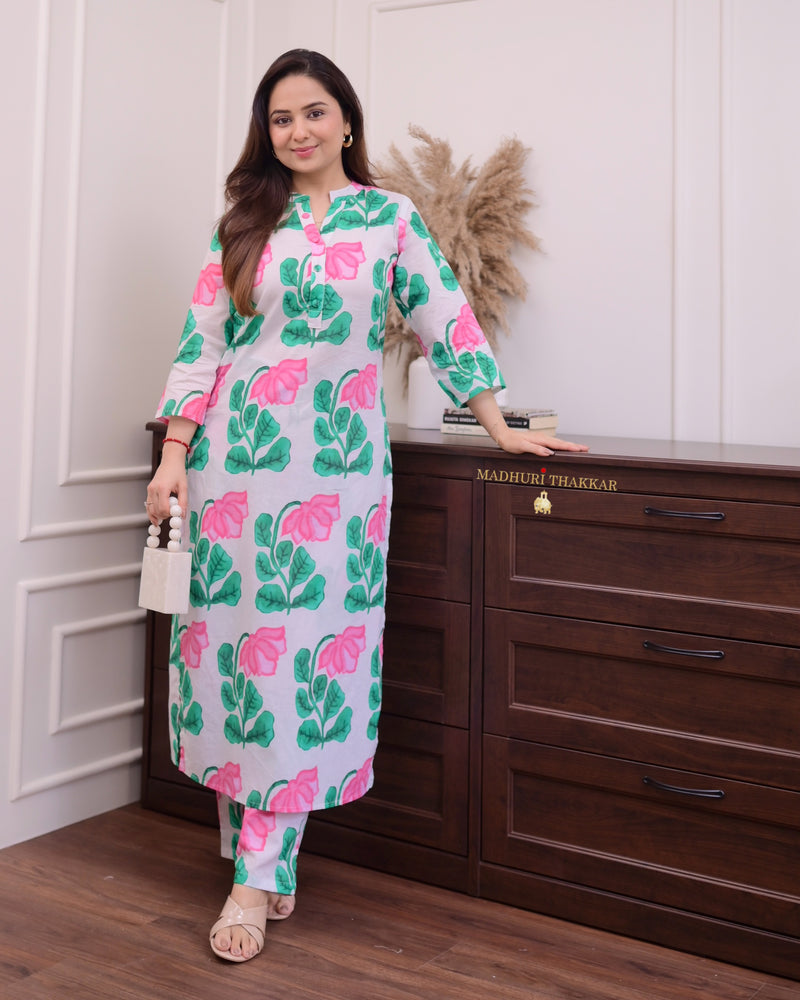 Ivory Green Floral Cotton Kurta Set