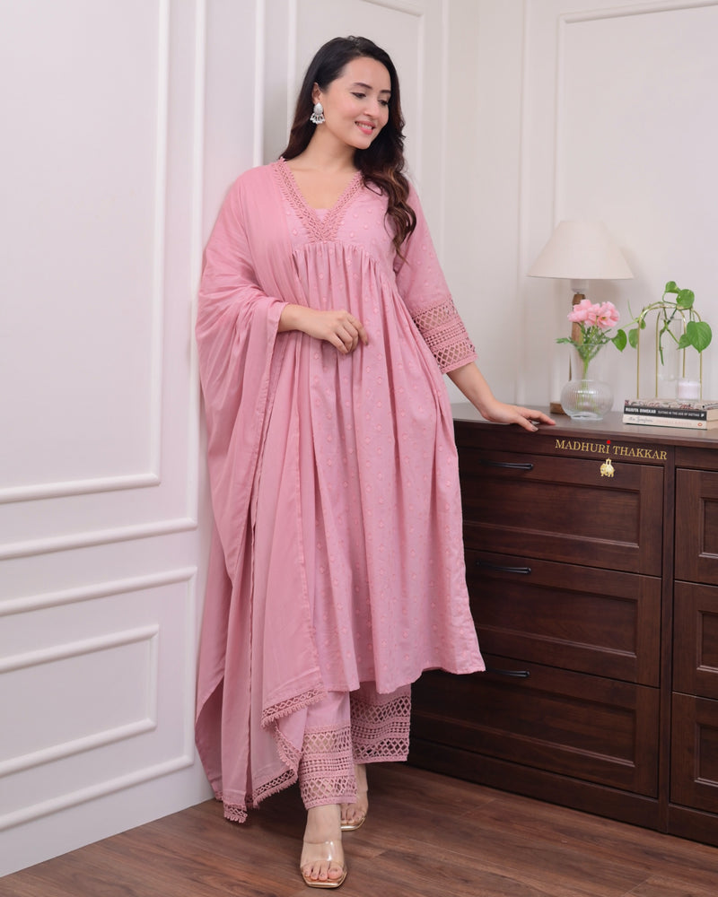 Mauve A Line Mul Cotton Lace Pakistani Suit