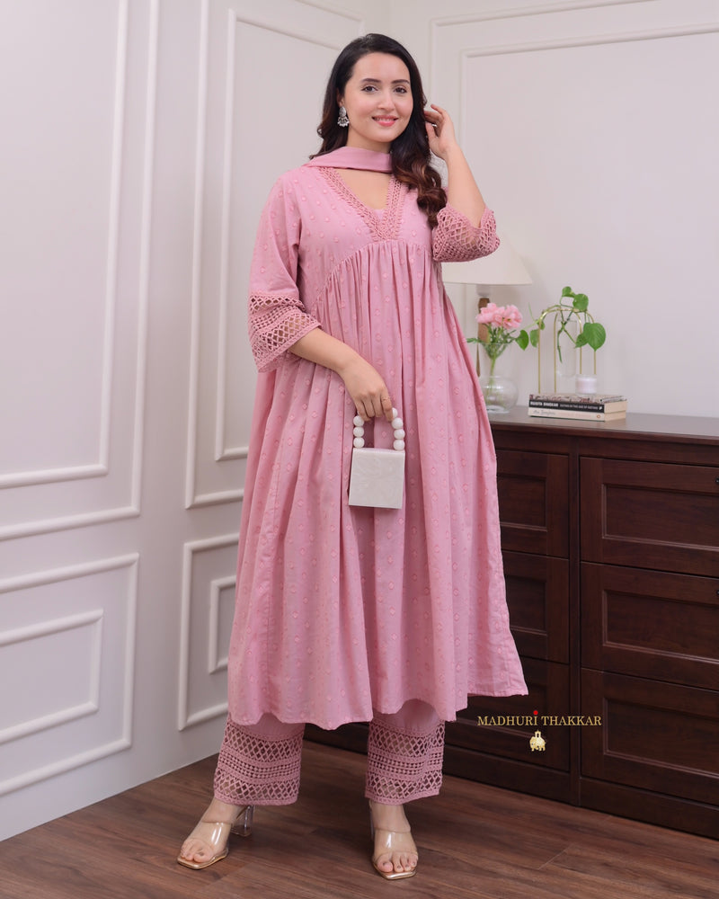 Mauve A Line Mul Cotton Lace Pakistani Suit