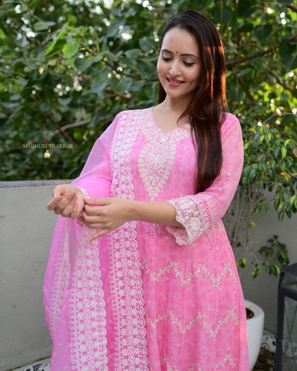 Baby Pink Threadwork Organza Anarkali