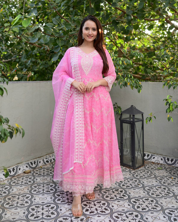 Baby Pink Threadwork Organza Anarkali