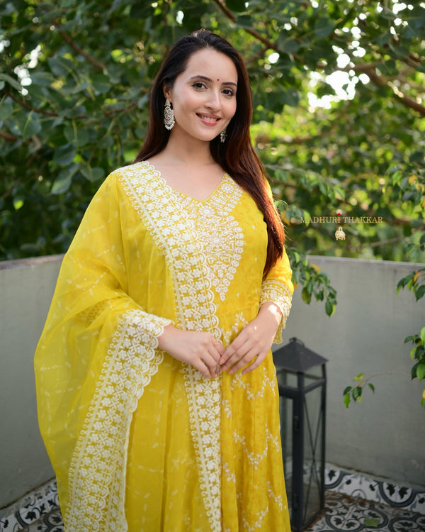 Yellow Threadwork Organza Anarkali