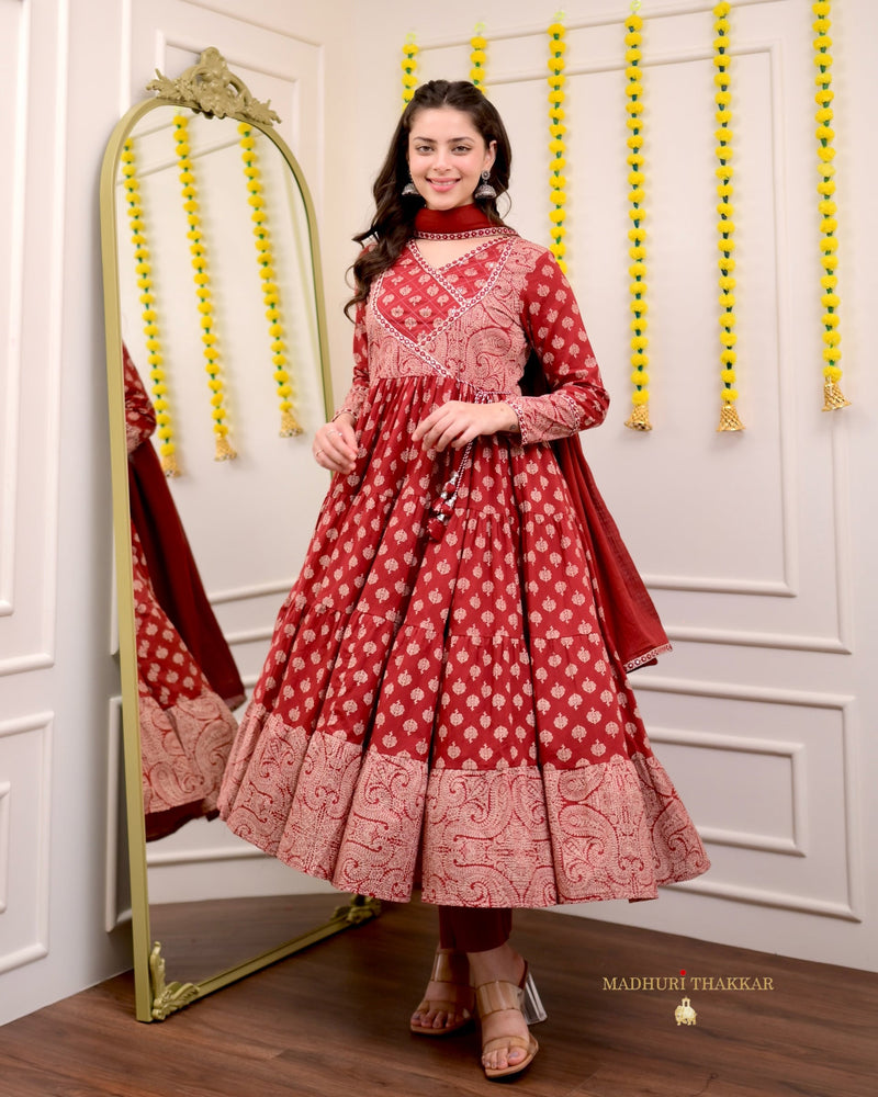 Maroon Red Cotton Flared Anarkali Suit