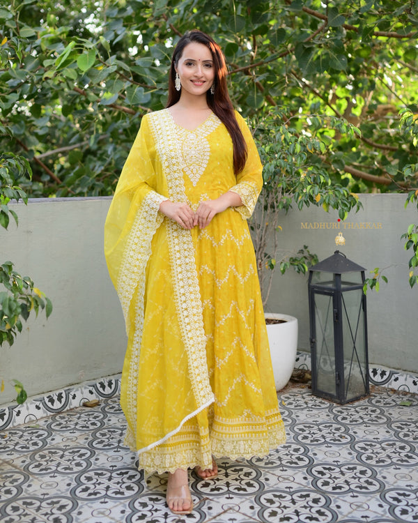 Yellow Threadwork Organza Anarkali