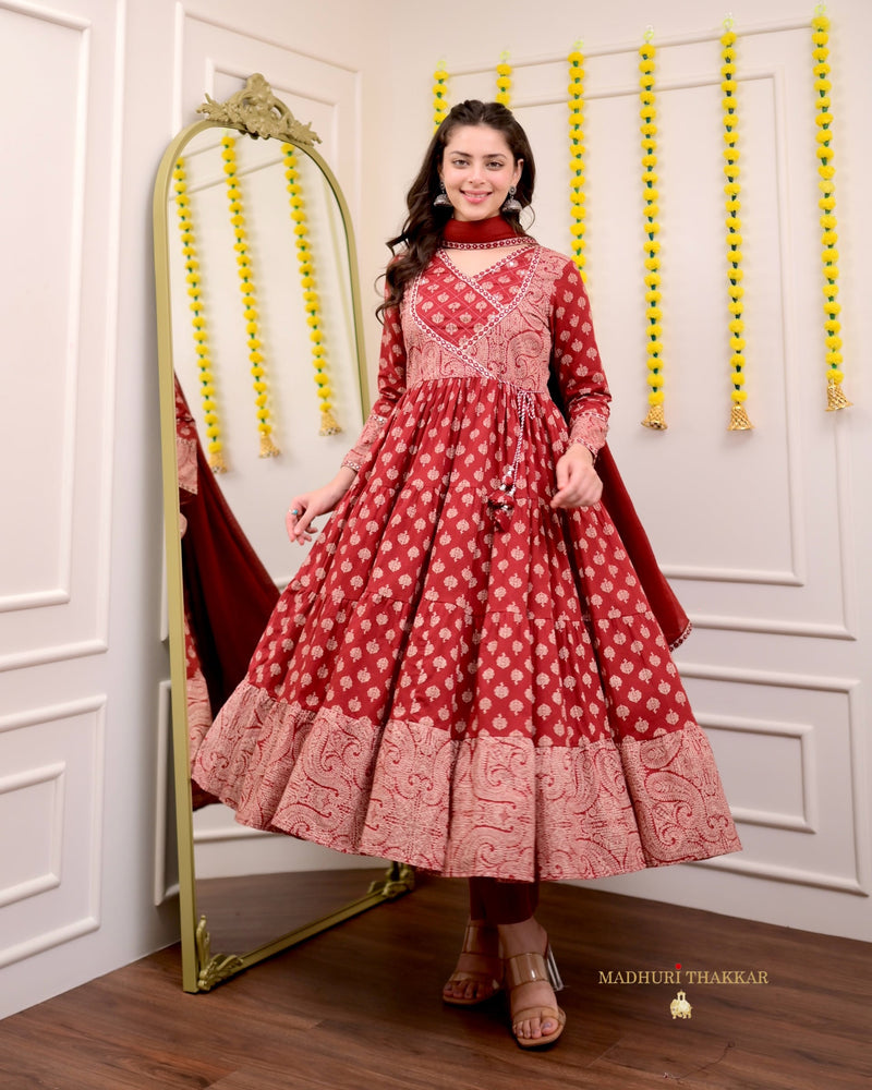 Maroon Red Cotton Flared Anarkali Suit