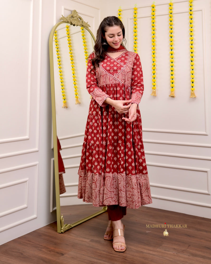 Maroon Red Cotton Flared Anarkali Suit