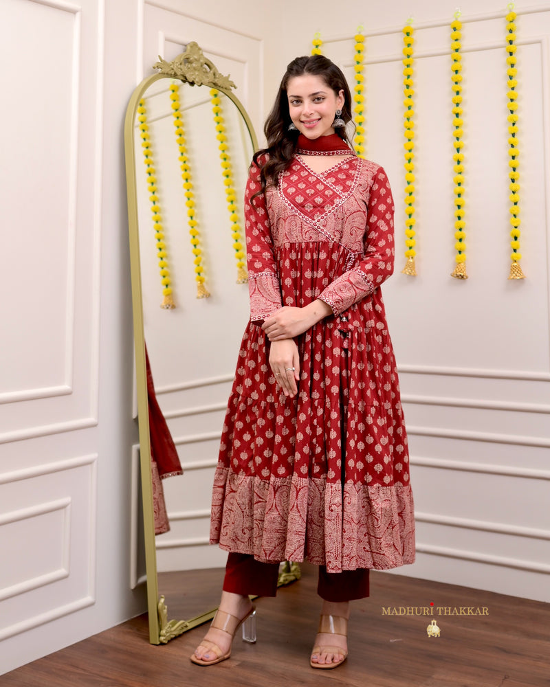 Maroon Red Cotton Flared Anarkali Suit