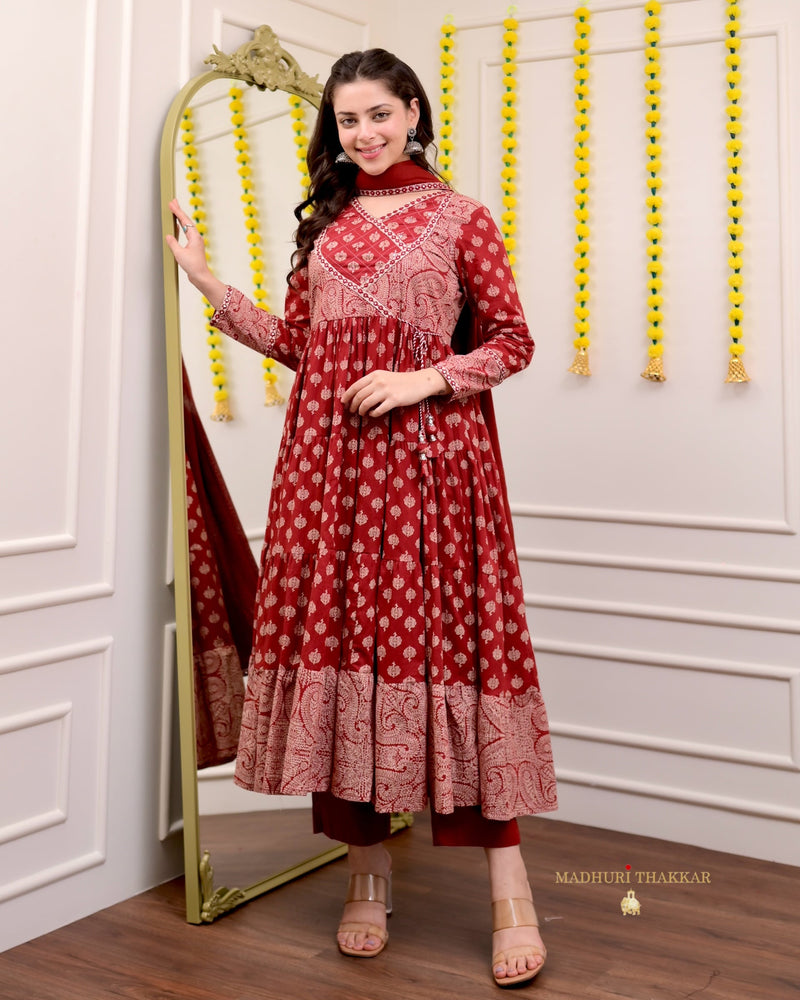 Maroon Red Cotton Flared Anarkali Suit