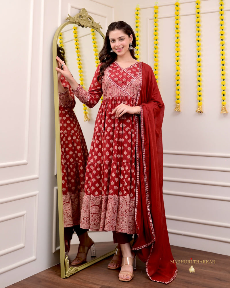 Maroon Red Cotton Flared Anarkali Suit