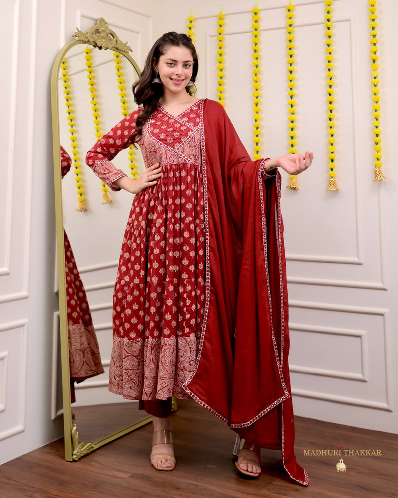 Maroon Red Cotton Flared Anarkali Suit