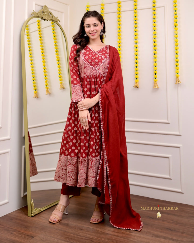 Maroon Red Cotton Flared Anarkali Suit