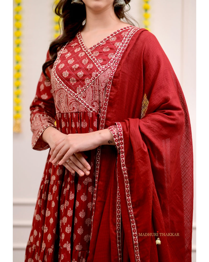 Maroon Red Cotton Flared Anarkali Suit