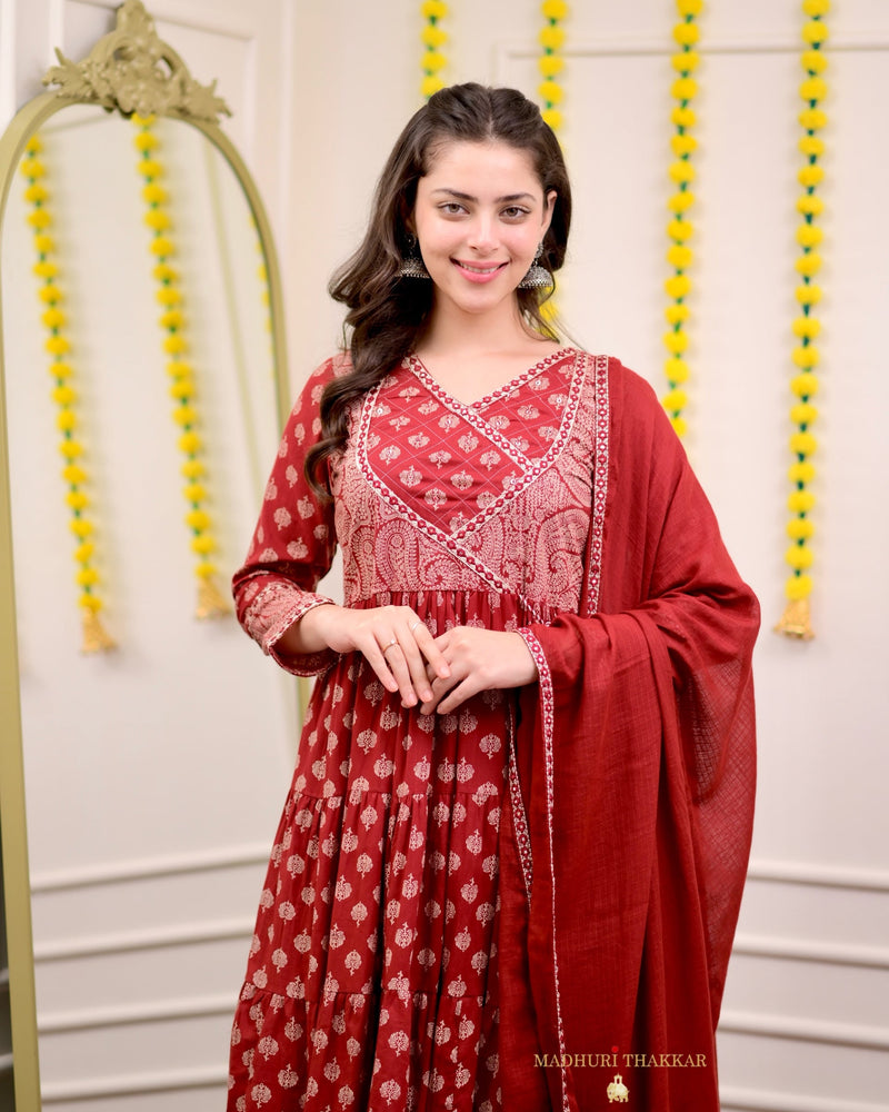 Maroon Red Cotton Flared Anarkali Suit