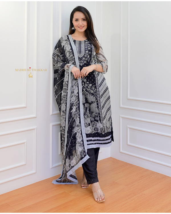 Grey Black Digital Printed Organza Suit