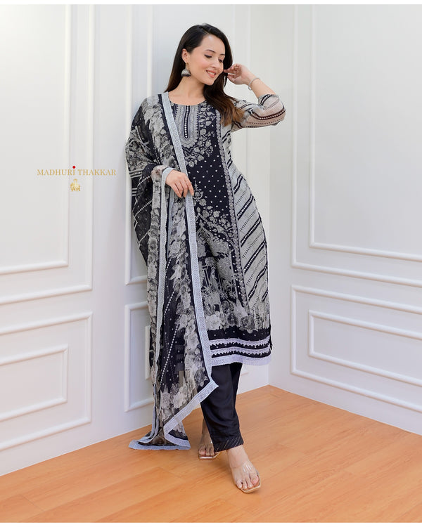 Grey Black Digital Printed Organza Suit