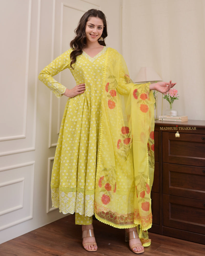 Yellow Flared Cotton Anarkali Suit