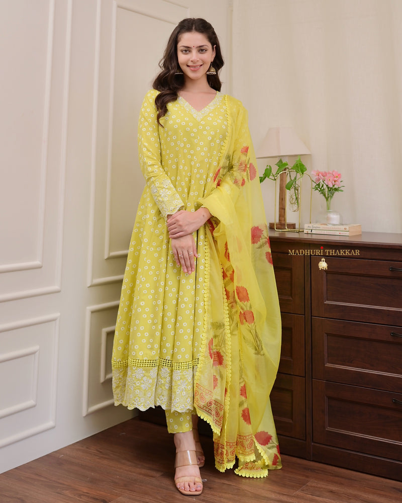 Yellow Flared Cotton Anarkali Suit