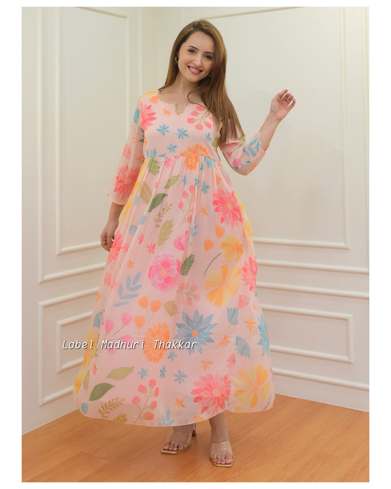 Peach Floral Chiffon Dress