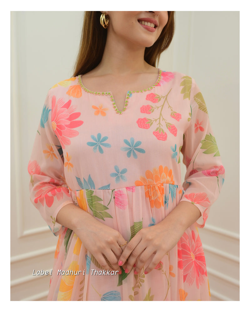 Peach Floral Chiffon Dress