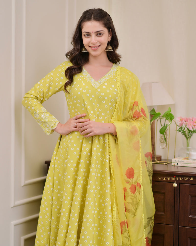 Yellow Flared Cotton Anarkali Suit