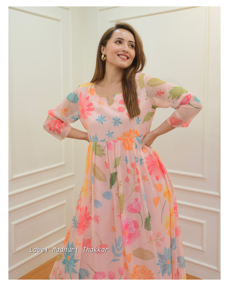 Peach Floral Chiffon Dress