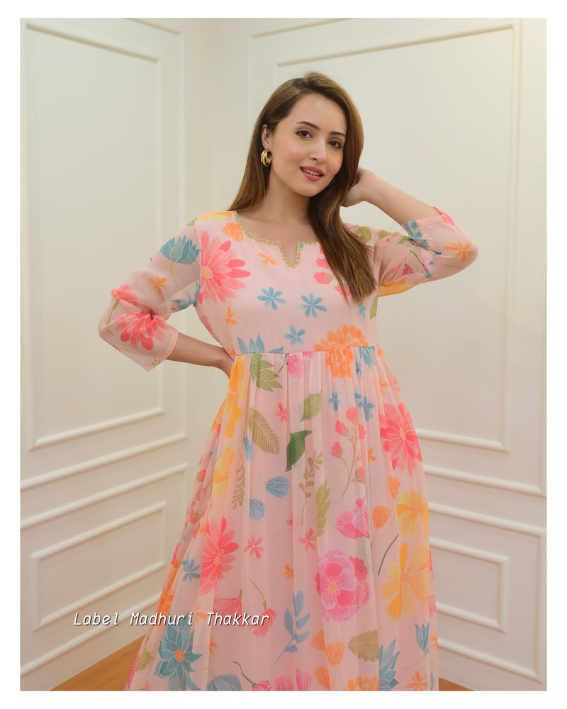 Peach Floral Chiffon Dress