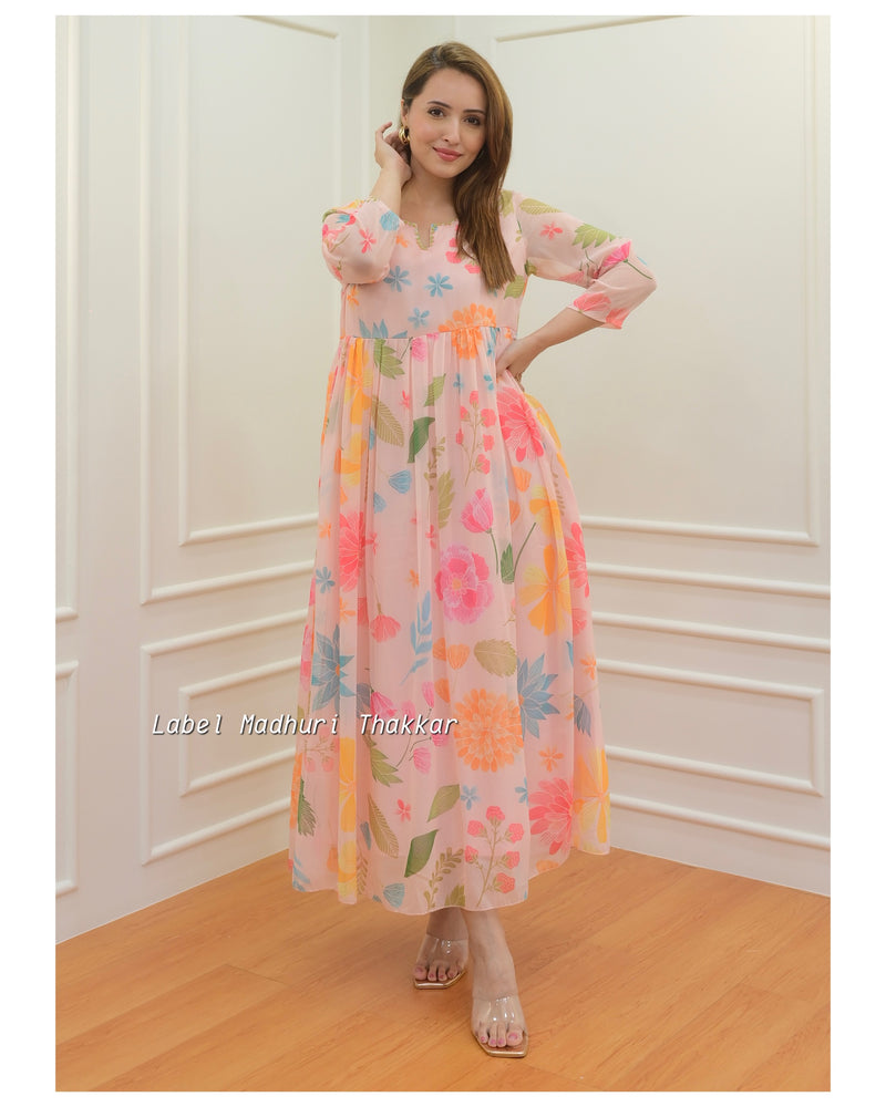 Peach Floral Chiffon Dress