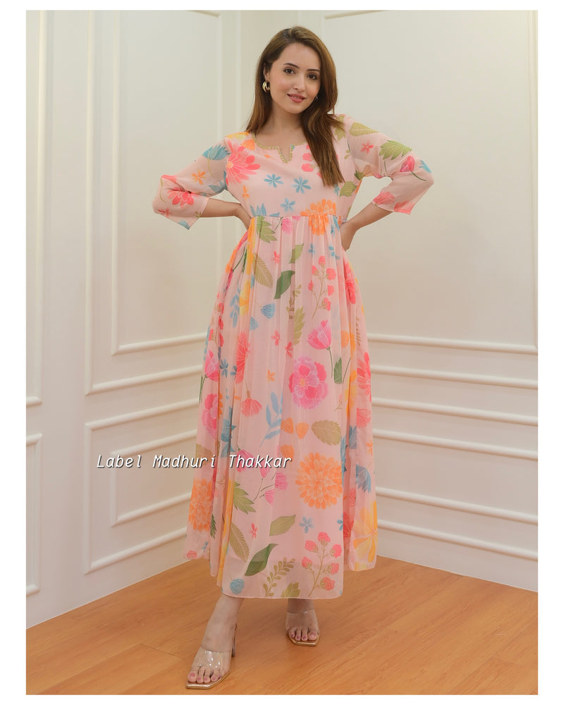 Peach Floral Chiffon Dress