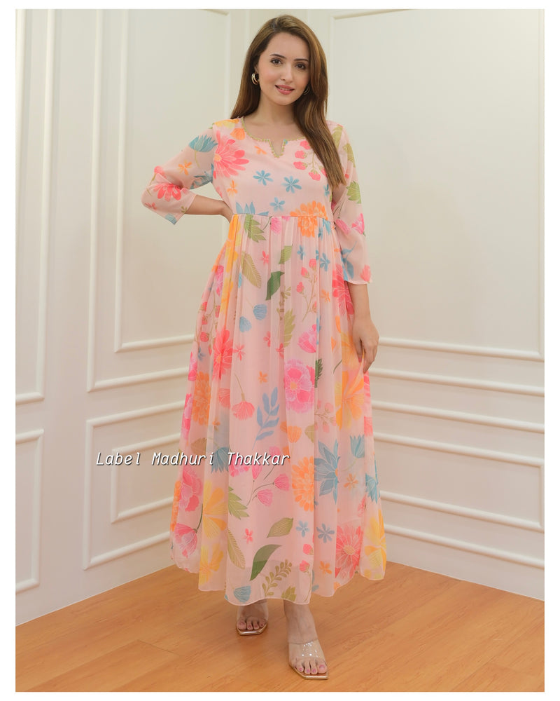 Peach Floral Chiffon Dress