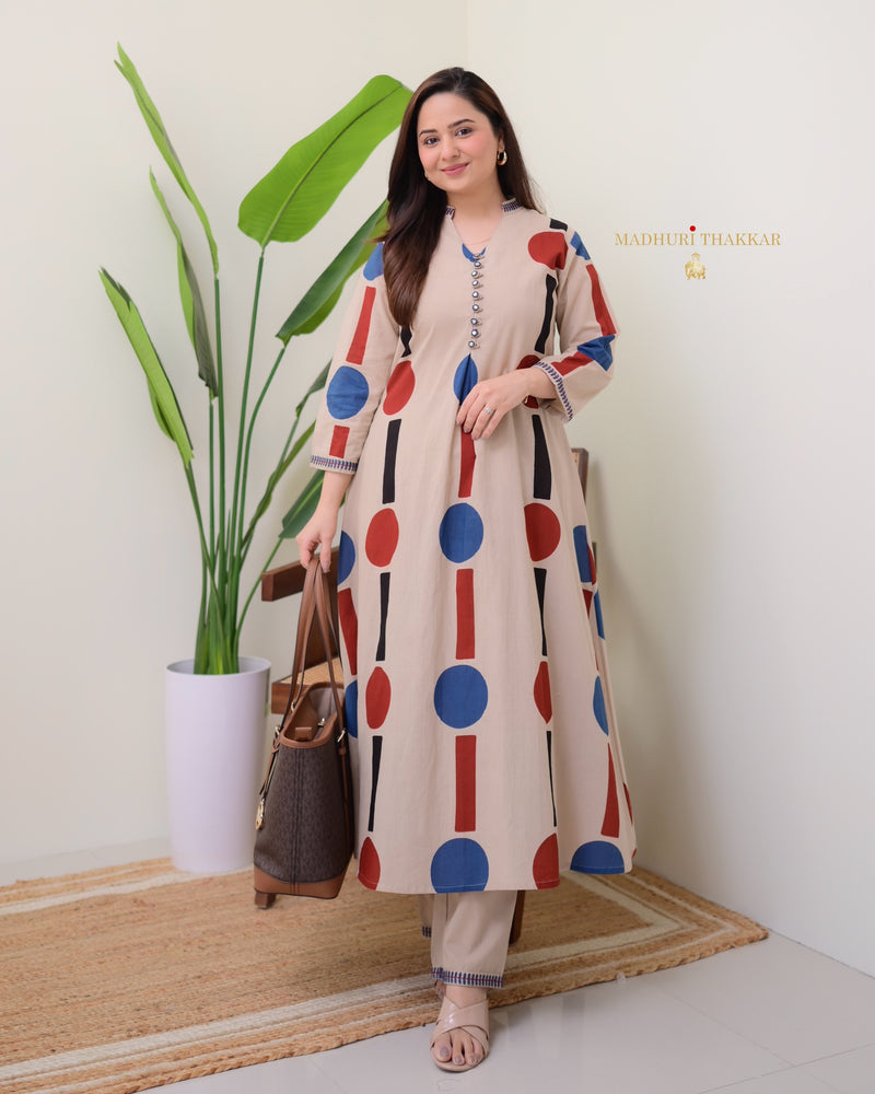 Beige Geometric A Line Premium Cotton Kurta Set