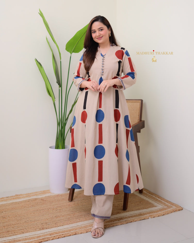 Beige Geometric A Line Premium Cotton Kurta Set