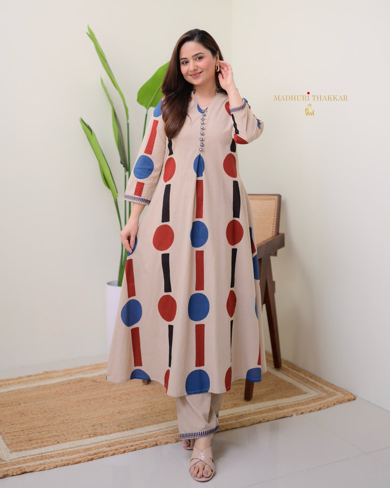 Beige Geometric A Line Premium Cotton Kurta Set