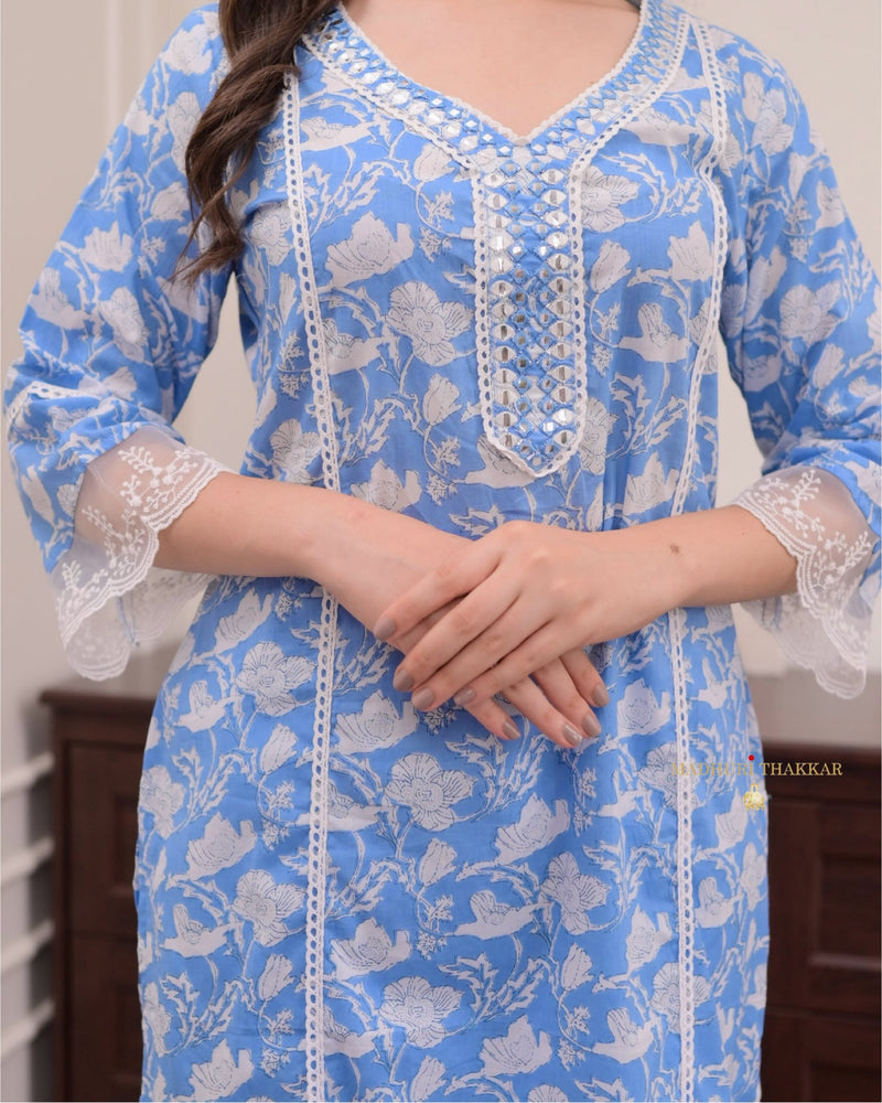 Sky Blue Floral Pakistani Cotton Suit