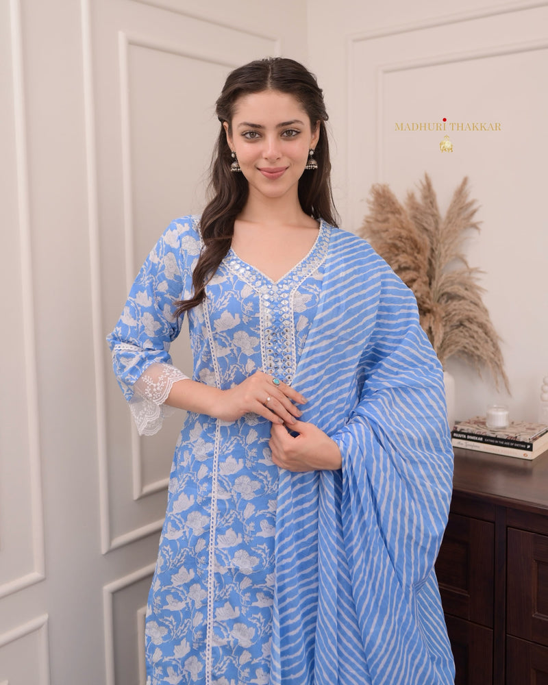 Sky Blue Floral Pakistani Cotton Suit