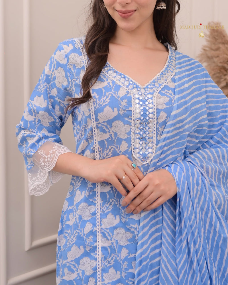 Sky Blue Floral Pakistani Cotton Suit