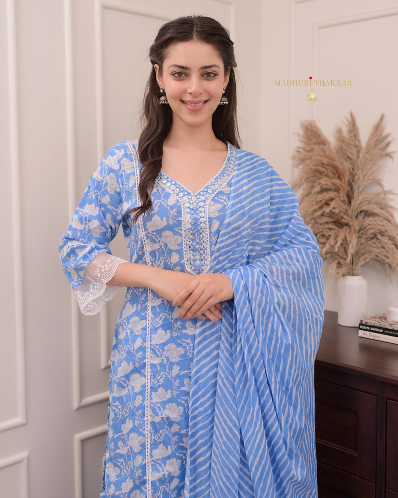 Sky Blue Floral Pakistani Cotton Suit