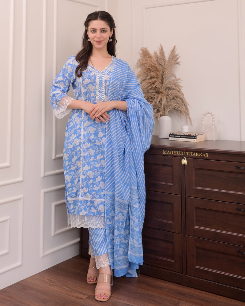 Sky Blue Floral Pakistani Cotton Suit