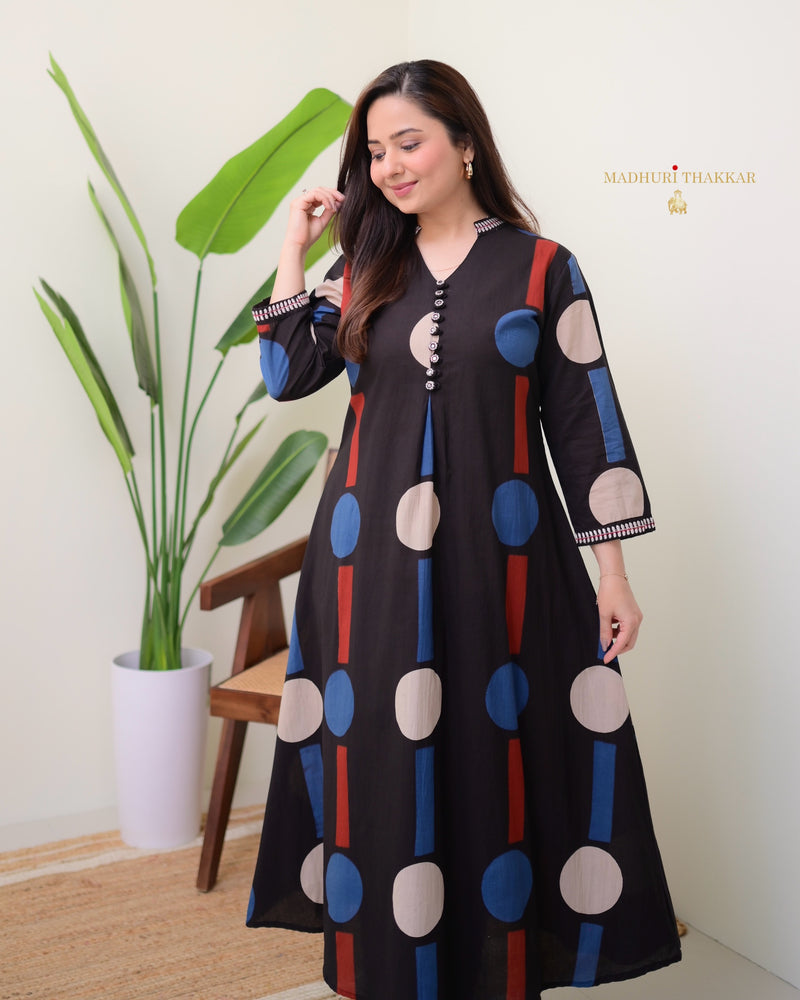 Black Geometric A Line Premium Cotton Kurta Set