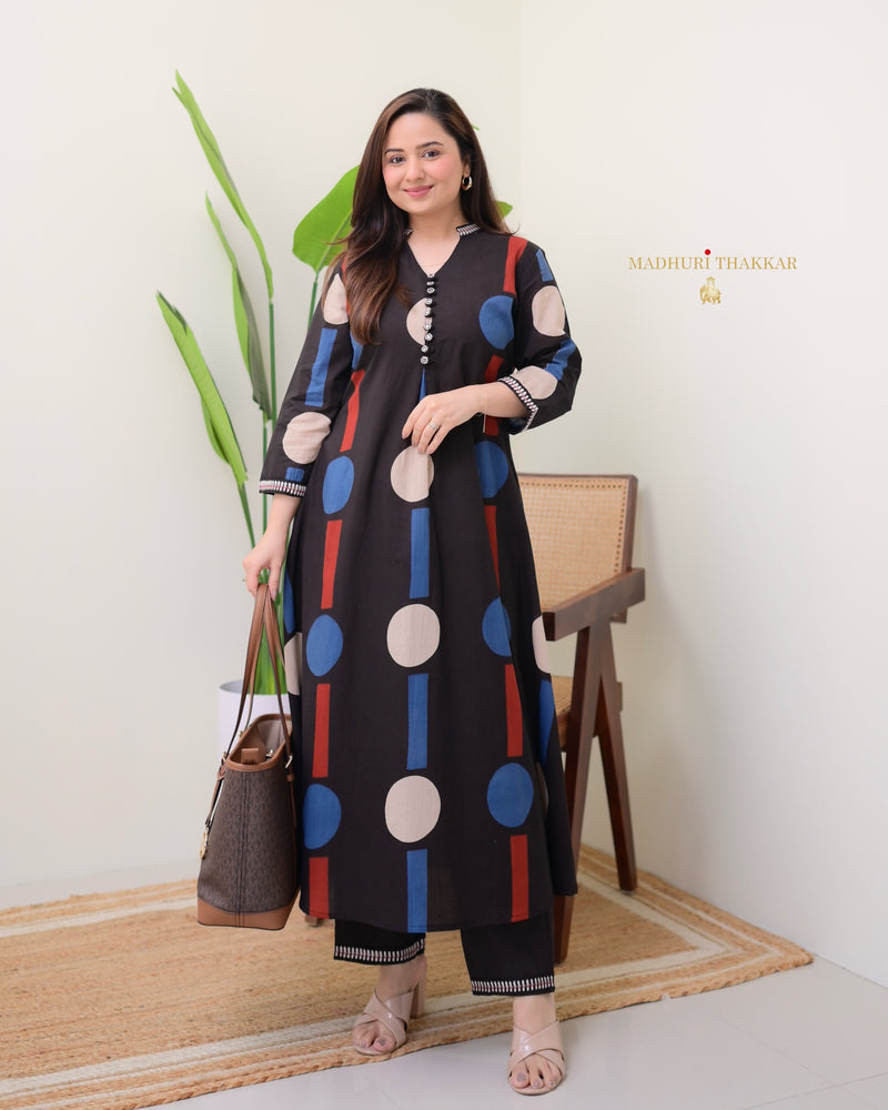 Black Geometric A Line Premium Cotton Kurta Set