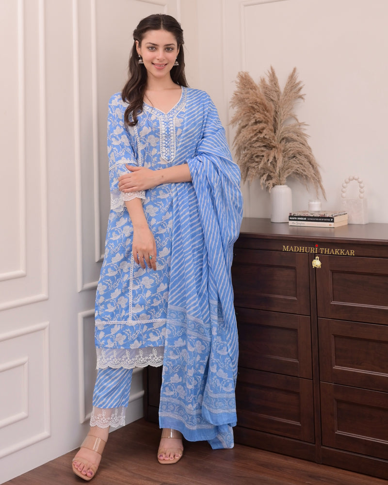 Sky Blue Floral Pakistani Cotton Suit