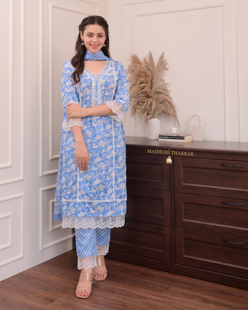 Sky Blue Floral Pakistani Cotton Suit