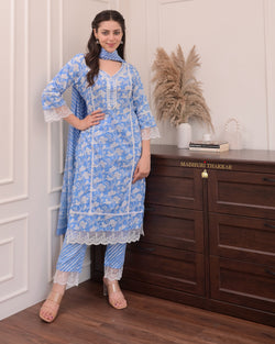 Sky Blue Floral Pakistani Cotton Suit