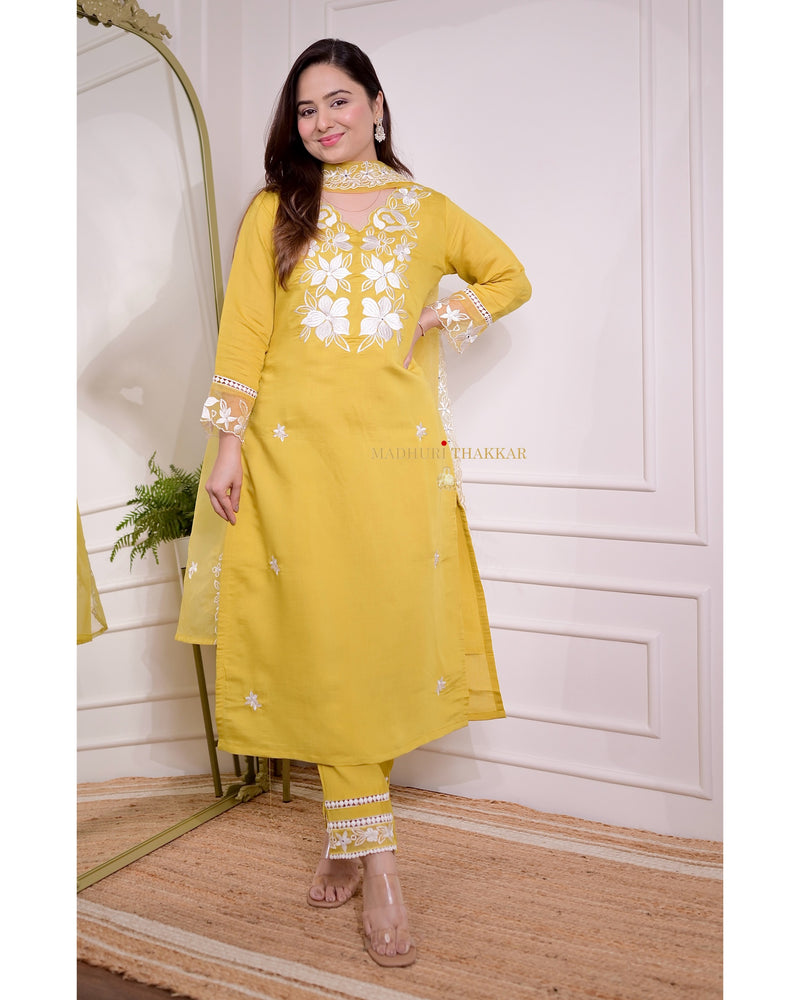 Yellow Chanderi Threadwork Suit