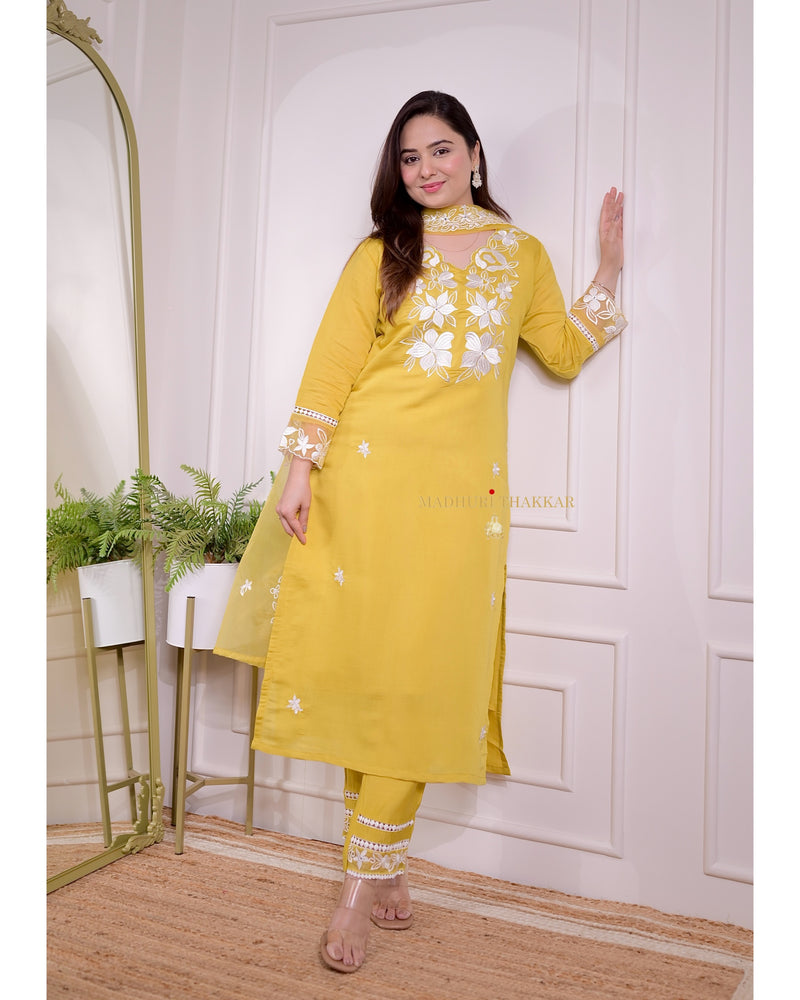 Yellow Chanderi Threadwork Suit