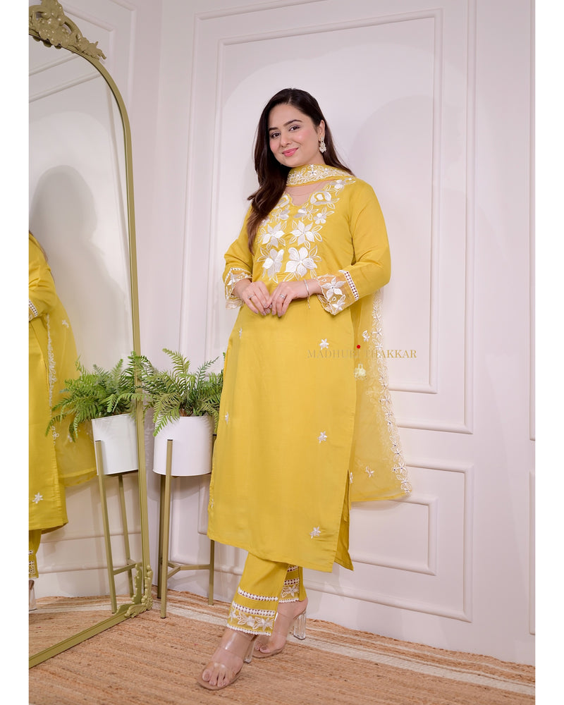 Yellow Chanderi Threadwork Suit