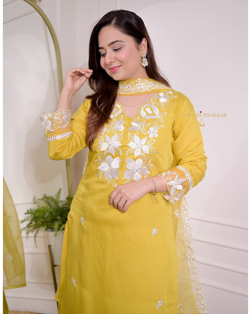 Yellow Chanderi Threadwork Suit