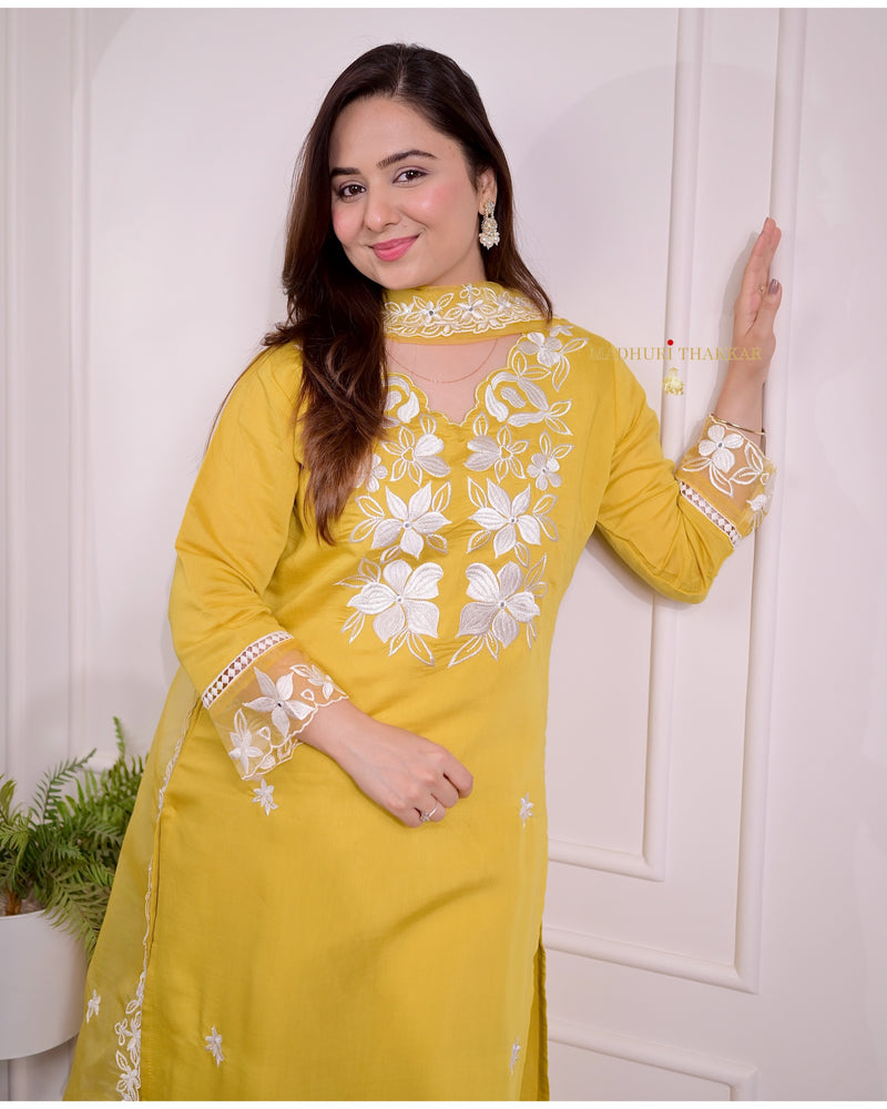 Yellow Chanderi Threadwork Suit